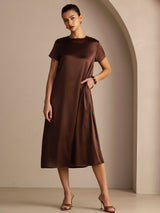[Bitter Chocolate] SilkSilky Short Sleeve Round Neck Dress 001