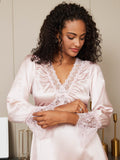 SilkSilky US 19Momme Pure Silk 3/4 Sleeve V Neck Nightgown LightPink 007