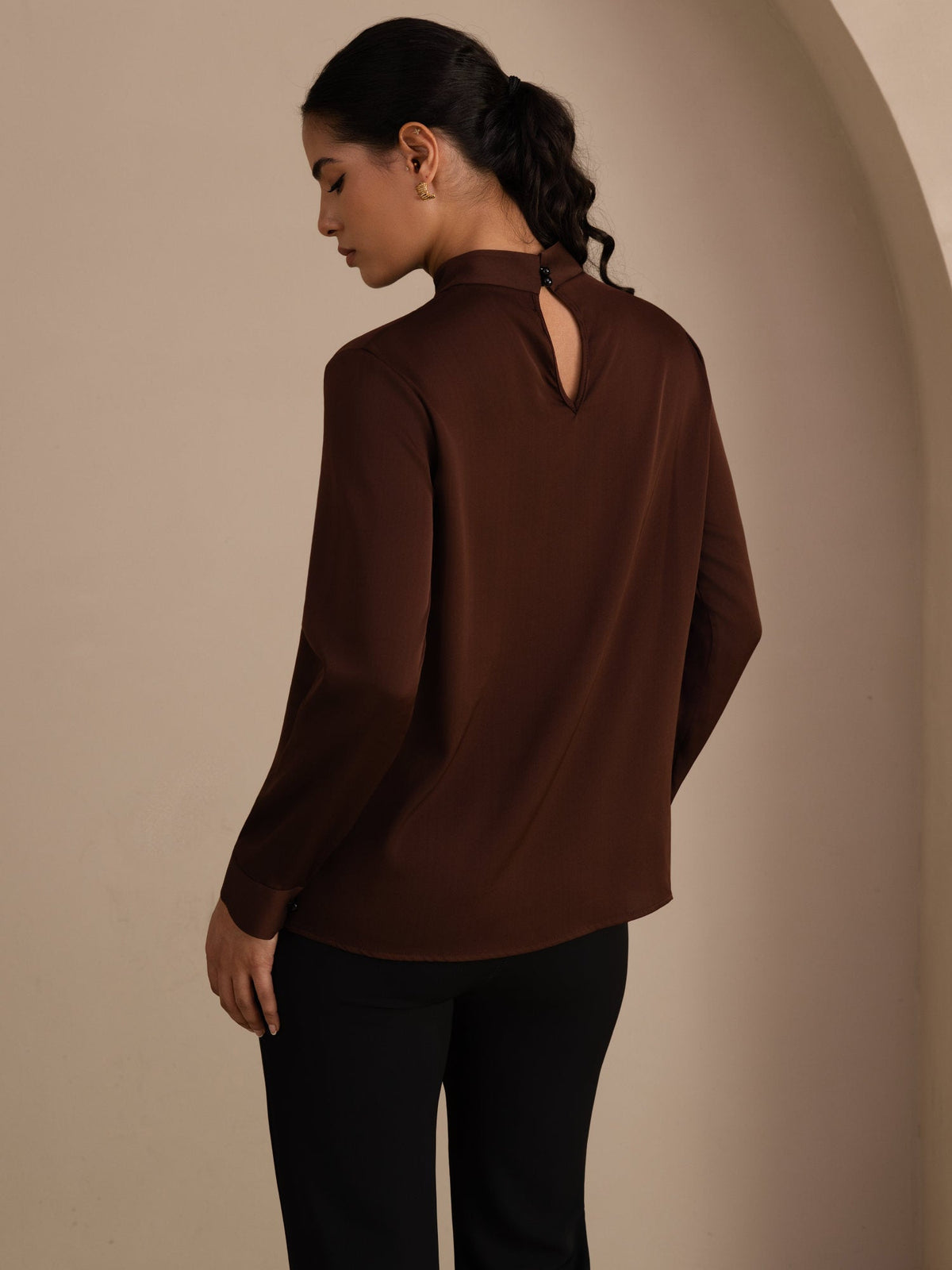 [Coffee] SilkSilky  Long Sleeve Stand Collar Women's Blouse 002