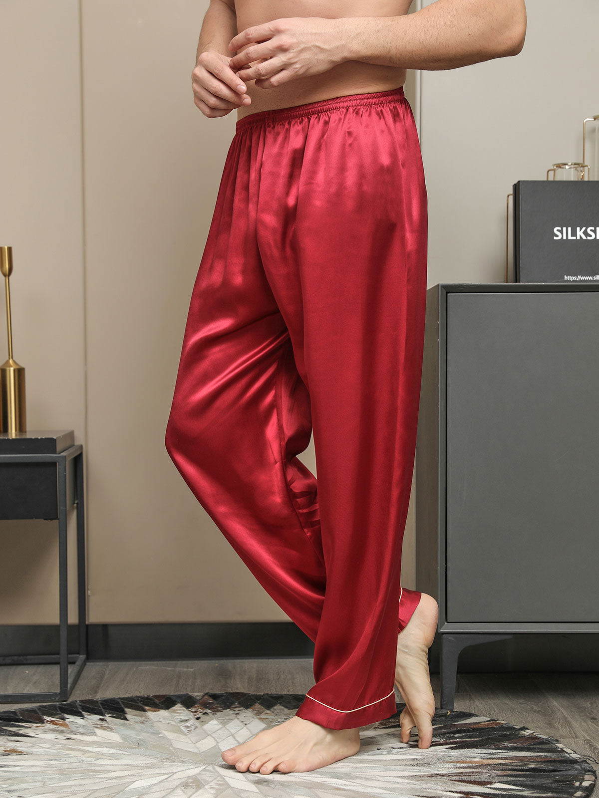 [Red] SilkSilky  Pure Silk Mens Sleep Bottoms 003