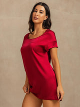 [Wine] SilkSilky  19Momme Machine-Washable Silk Short Sleeve Round Neck Nightgown 007