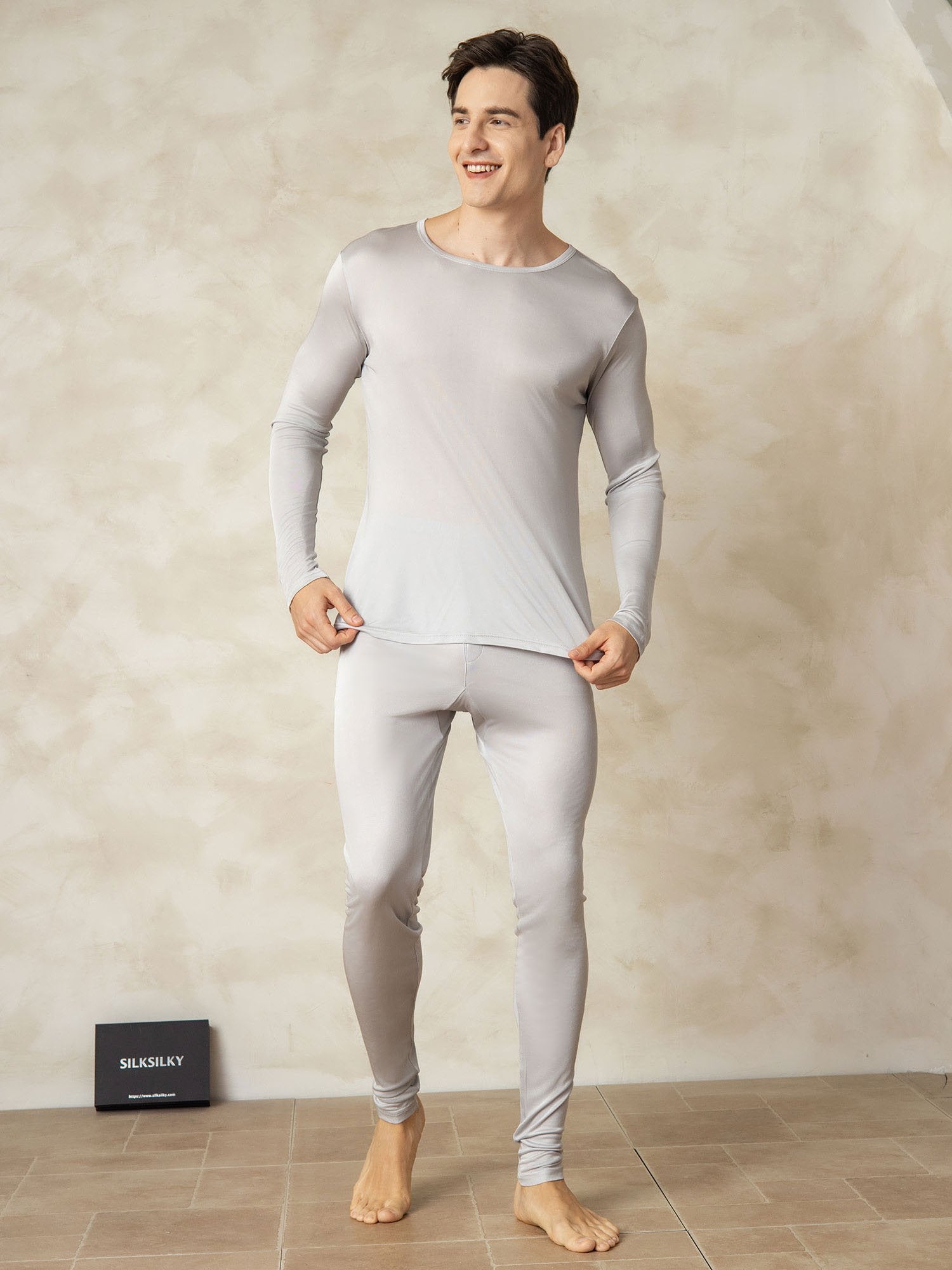 [Silver] SilkSilky Silk Round Neck Men's Pajamas 003