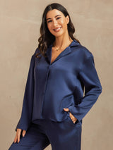 [Dark Blue] SilkSilky  19Momme Machine-Washable Silk Long Sleeve Notch Collar Women's Pajamas 007