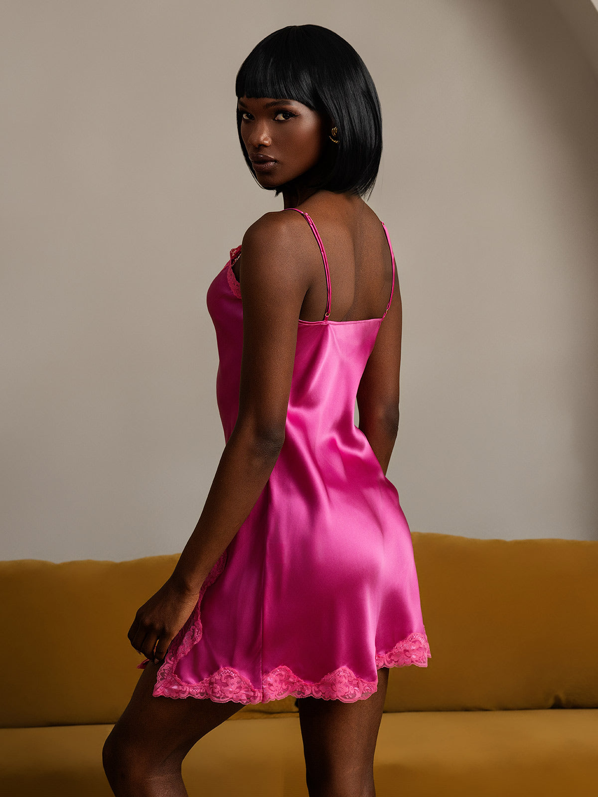 [Hot Pink] SilkSilky  Pure Silk V Neck Nightgown 002