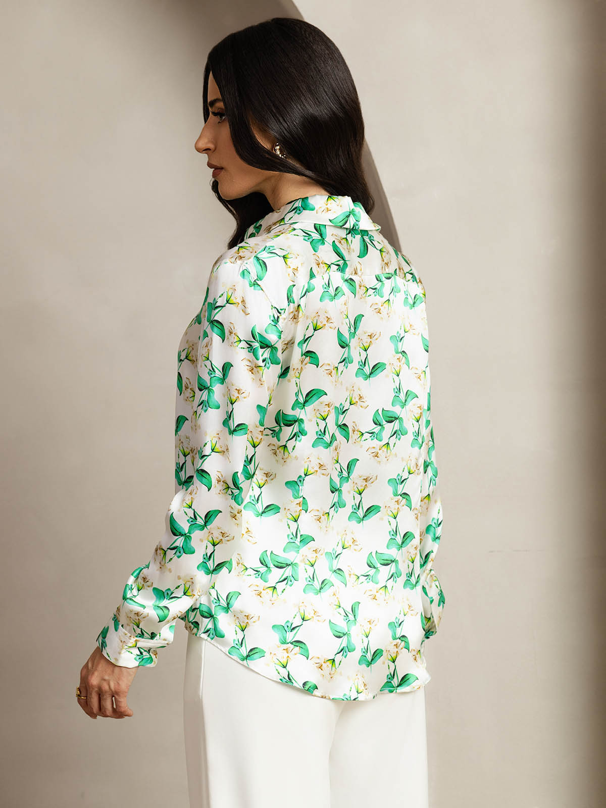 [Green Floral] SilkSilky  Silk Lapel Collar Women's Shirt 002