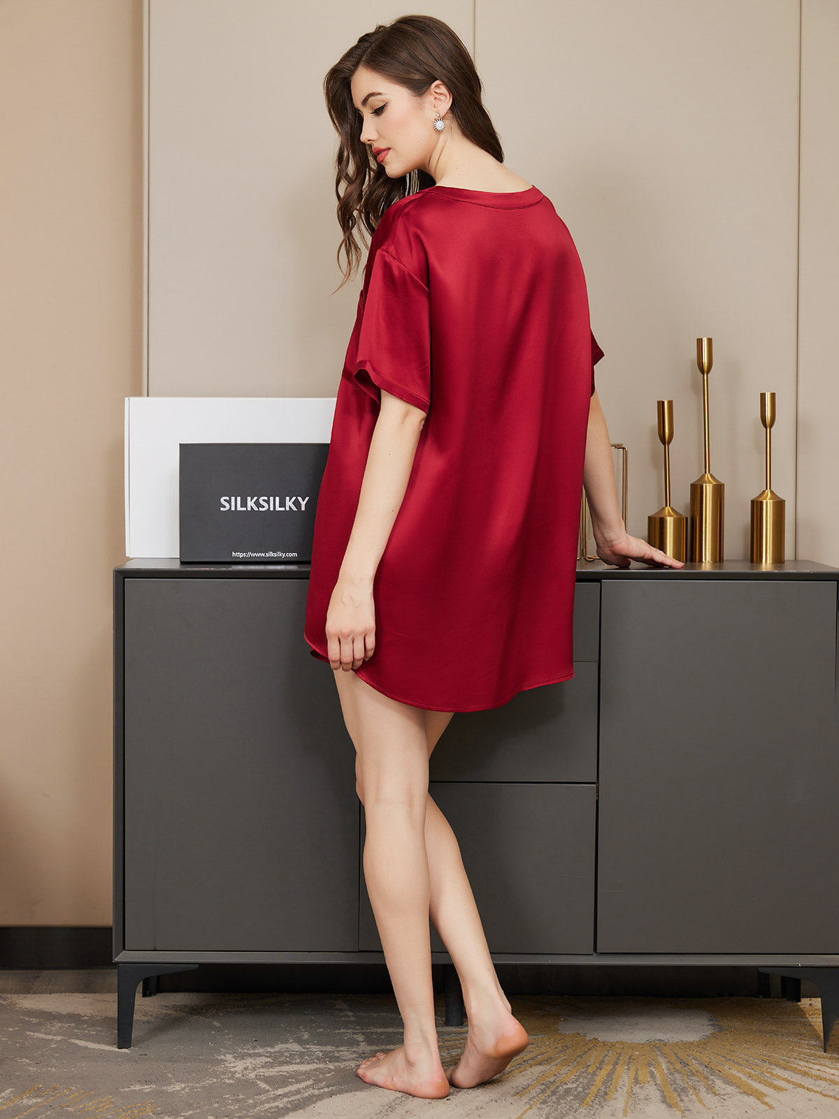 [Wine] SilkSilky  Pure Silk Round Neck Women's Pajamas 007
