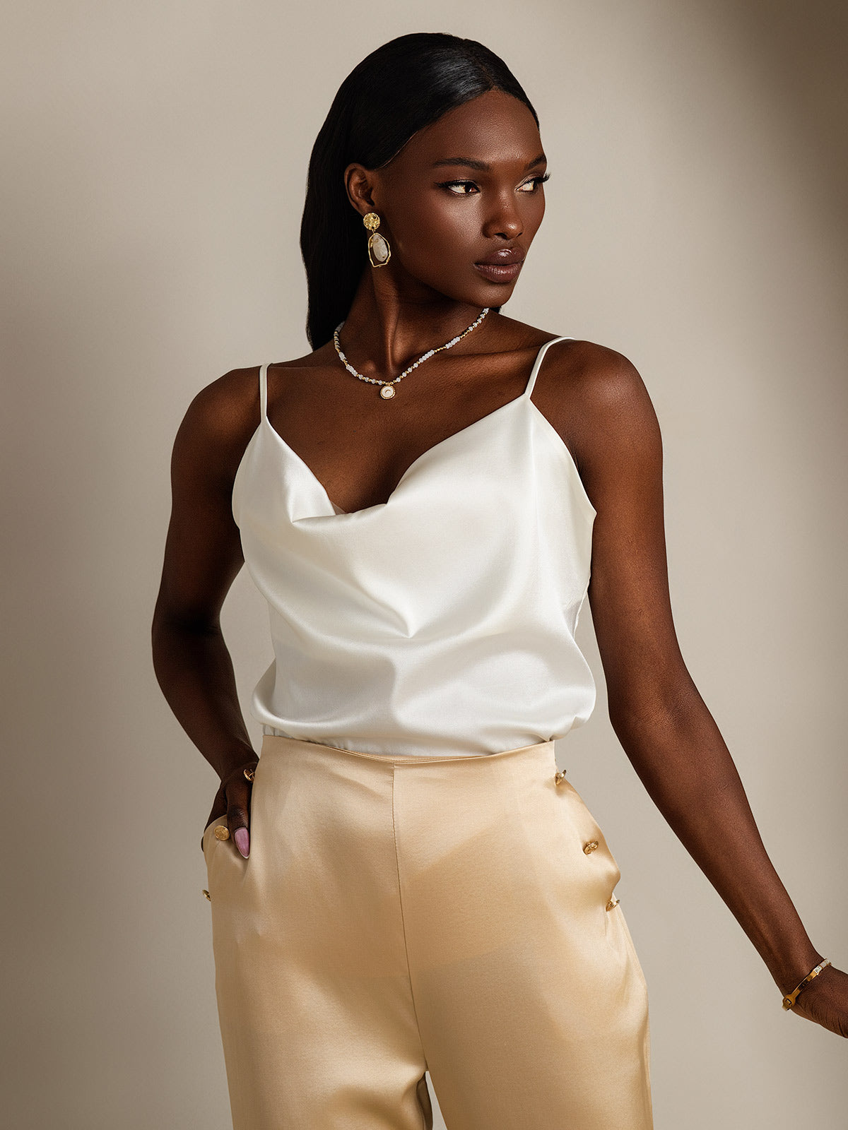 [White] SilkSilky  19Momme Silk Cowl Neck Camisole Top 005