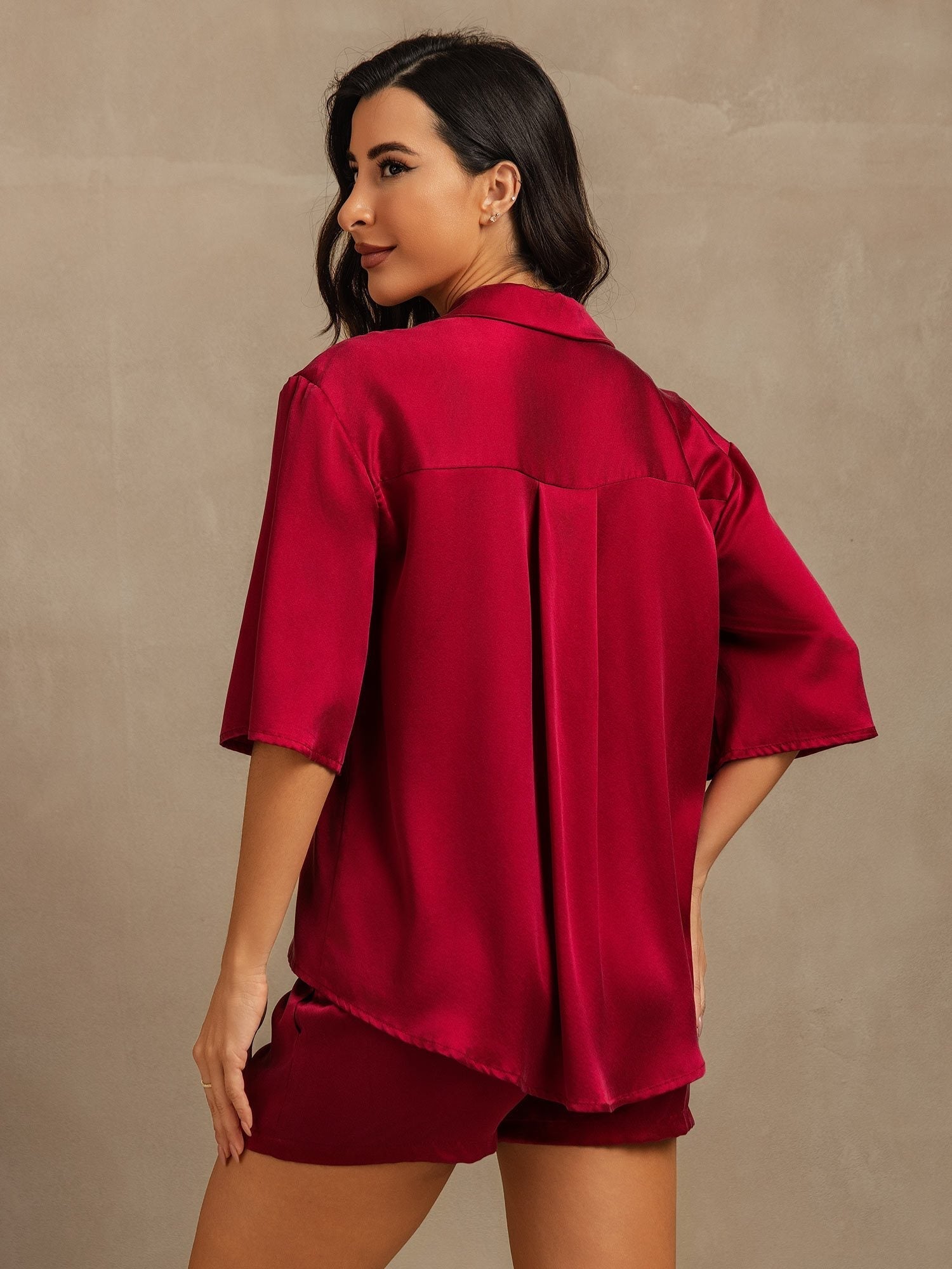 [Wine] SilkSilky  19Momme Pure Silk Notch Collar Women's Pajamas 002,