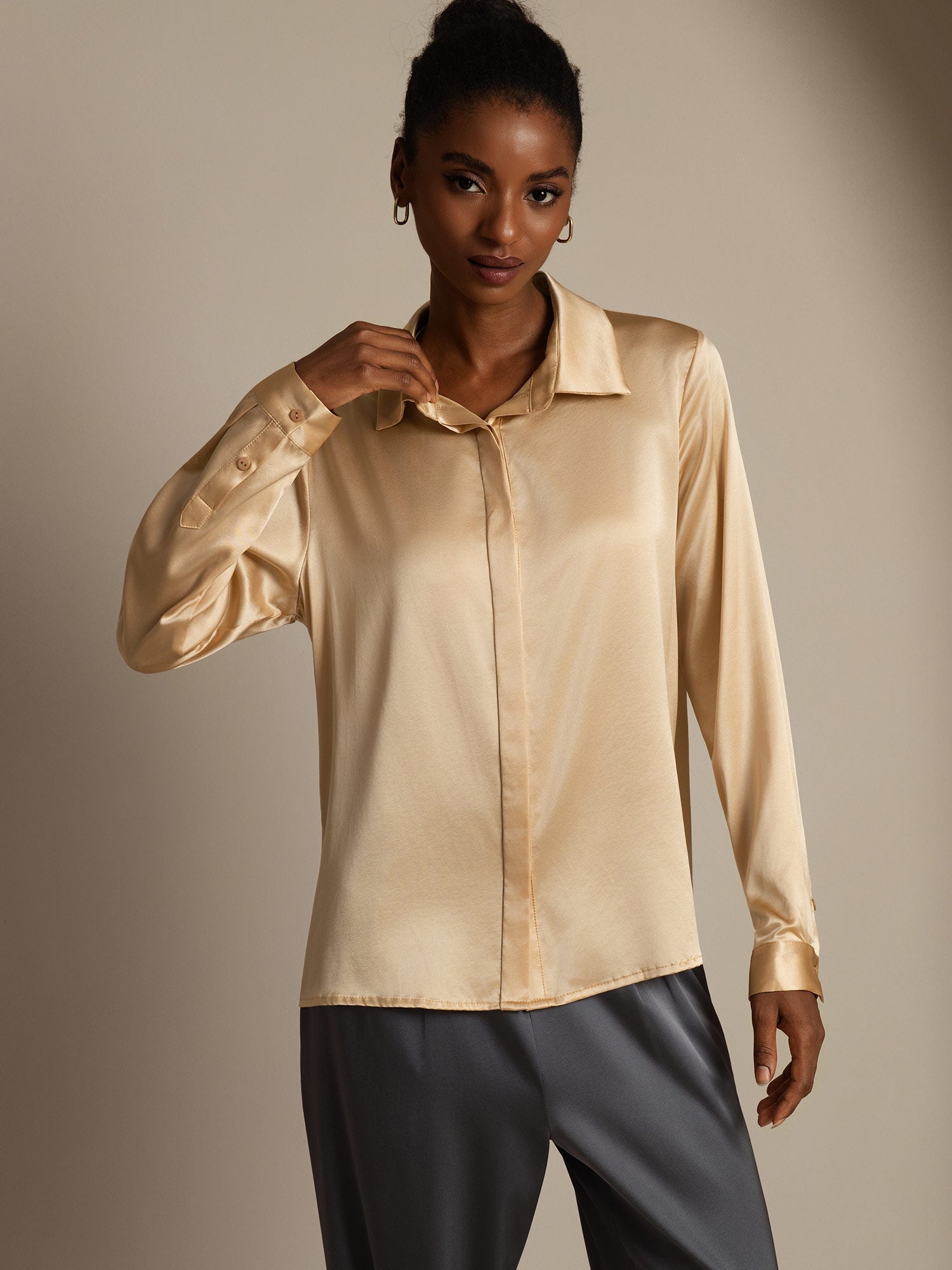 [Champagne] SilkSilky  19Momme Silk Long Sleeve Lapel Collar Women's Shirt 004