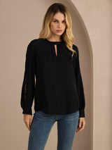 [Black] SilkSilky Long Sleeve Keyhole Neck Women's Blouse 001