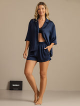 [Dark Blue] SilkSilky  19Momme Machine-Washable Silk Half Sleeve Notch Collar Women's Pajamas 007