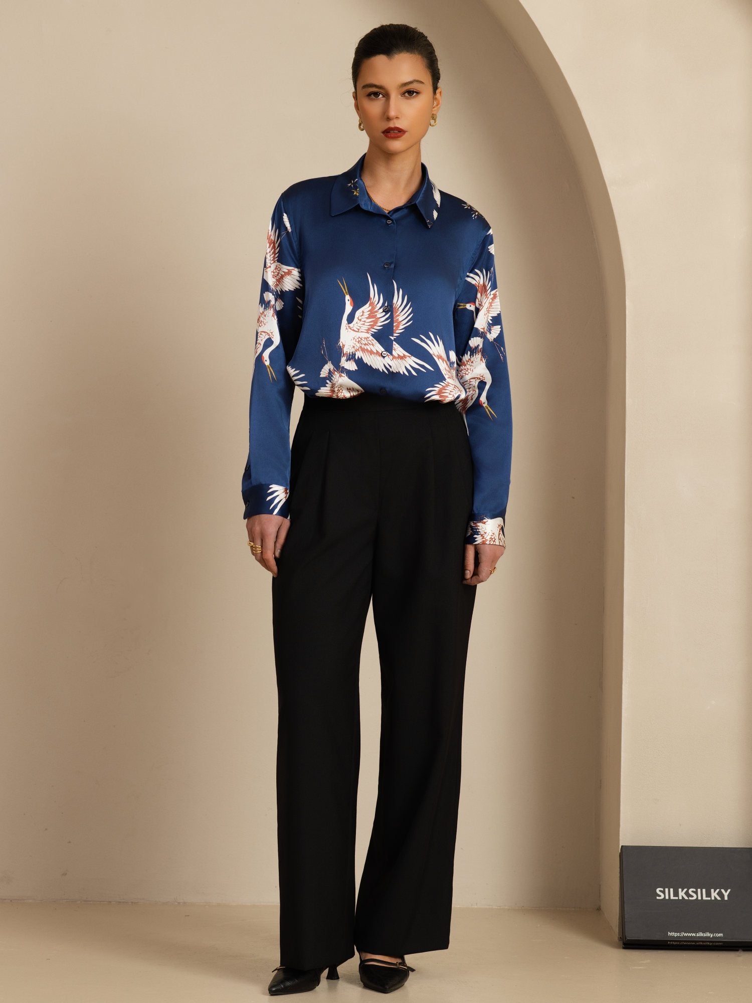 [Dark Blue] SilkSilky  19Momme Long Sleeve Lapel Collar Women's Shirt 007