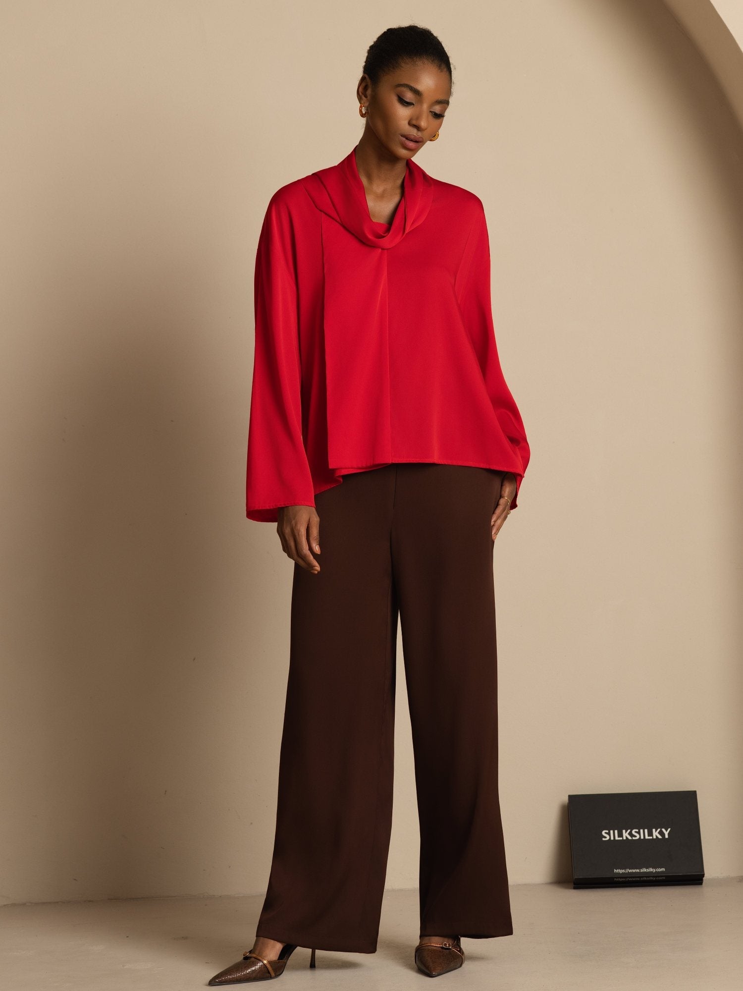 [Wine] SilkSilky 19Momme Silk Long Sleeve V Neck Blouse 008