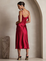 [Wine] SilkSilky  Pure Silk Spaghetti Strap V Neck Dress 002