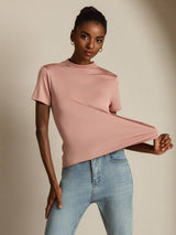 [Pink] SilkSilky  100% Silk Jersey Short Sleeve Mock Neck Women's T-Shirt 001