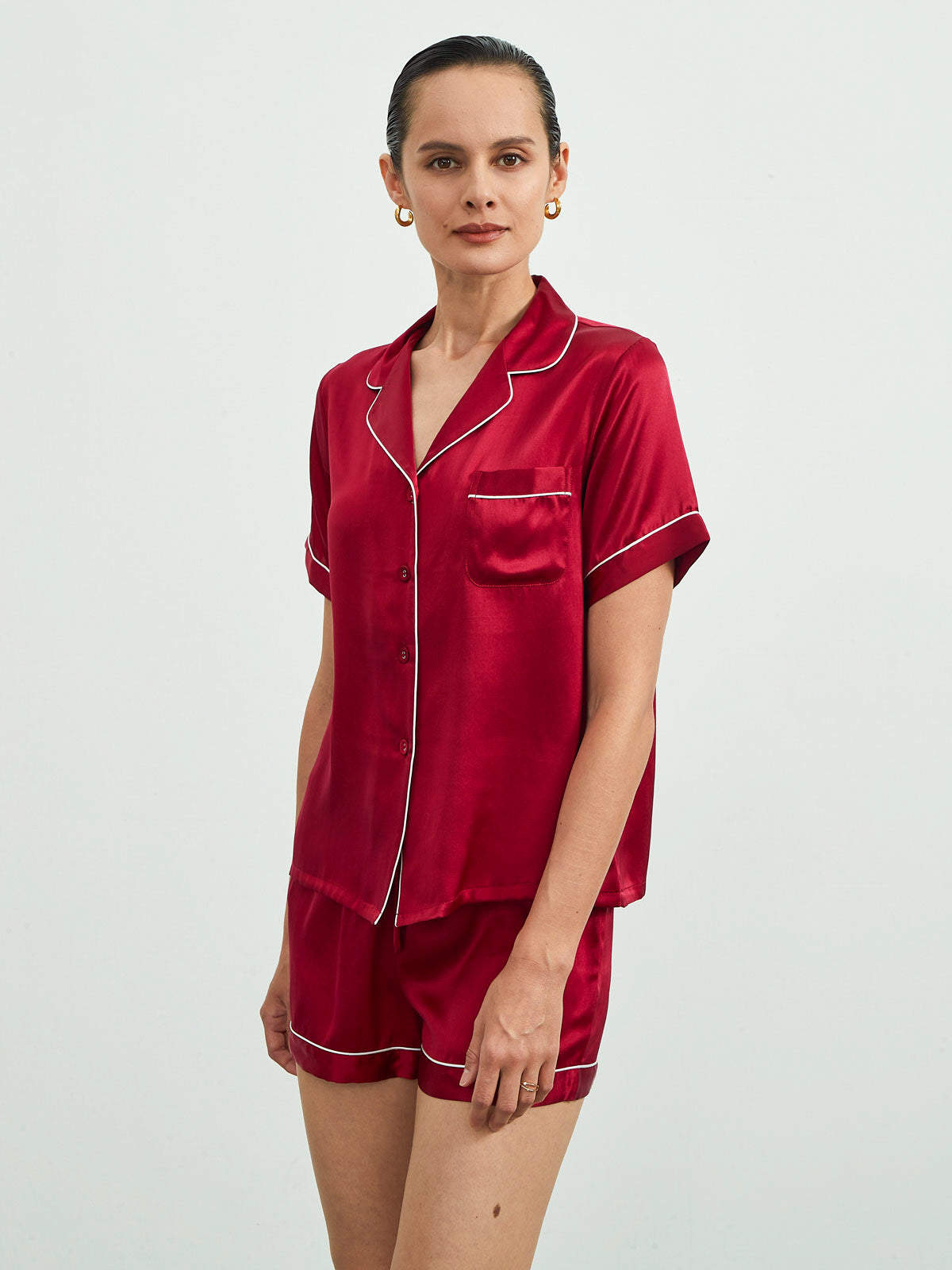 SilkSilky  22Momme Pure Silk Short Sleeve Lapel Women's Pajamas Wine 001