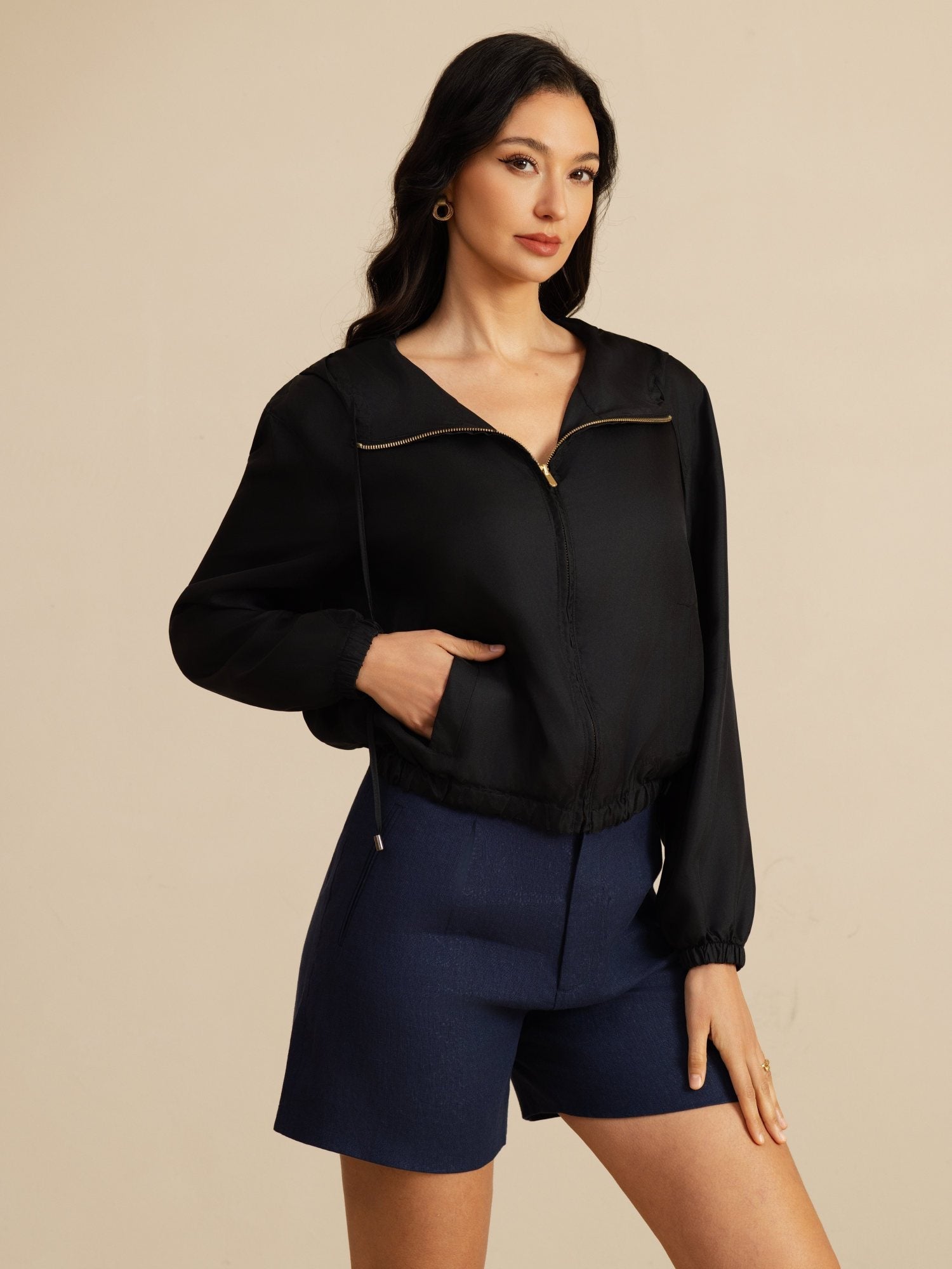 [Black] SilkSilky 18Momme Silk Satin Surah Long Sleeve Stand Collar Women's Outerwear 003