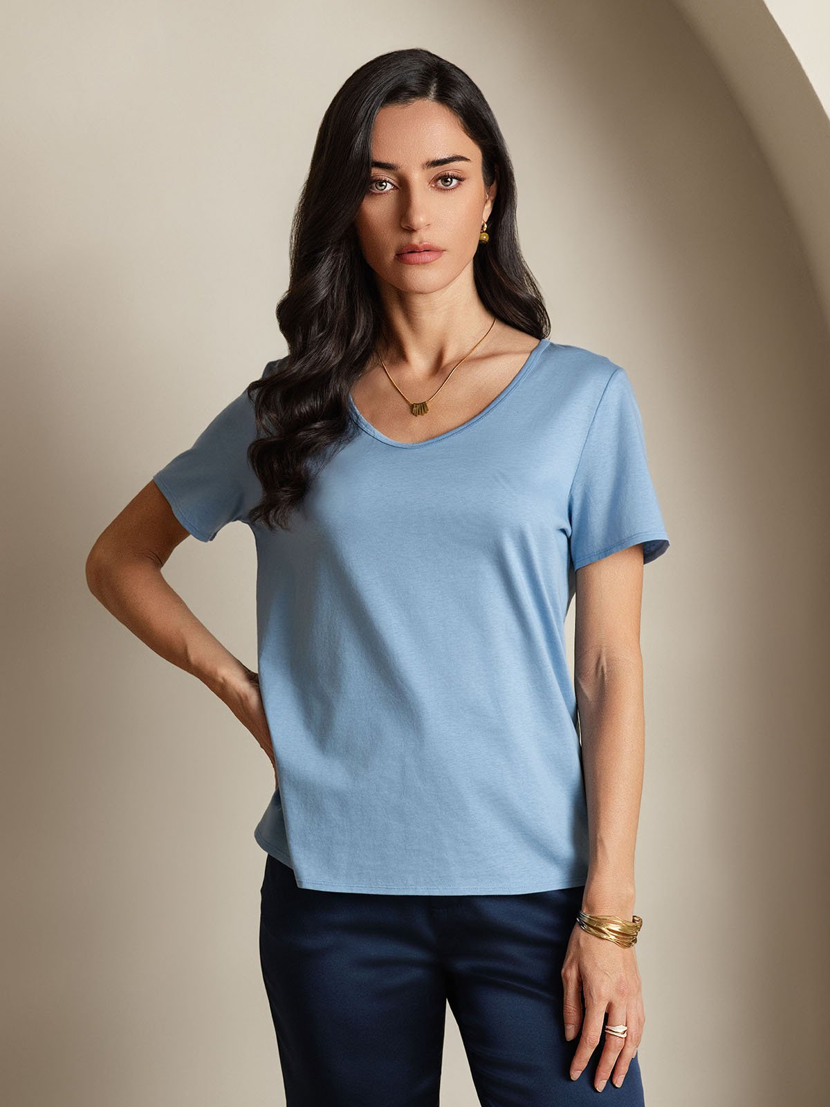 SilkSilky Silk Blend Short Sleeve V Neck Women's T-Shirt Blue 003