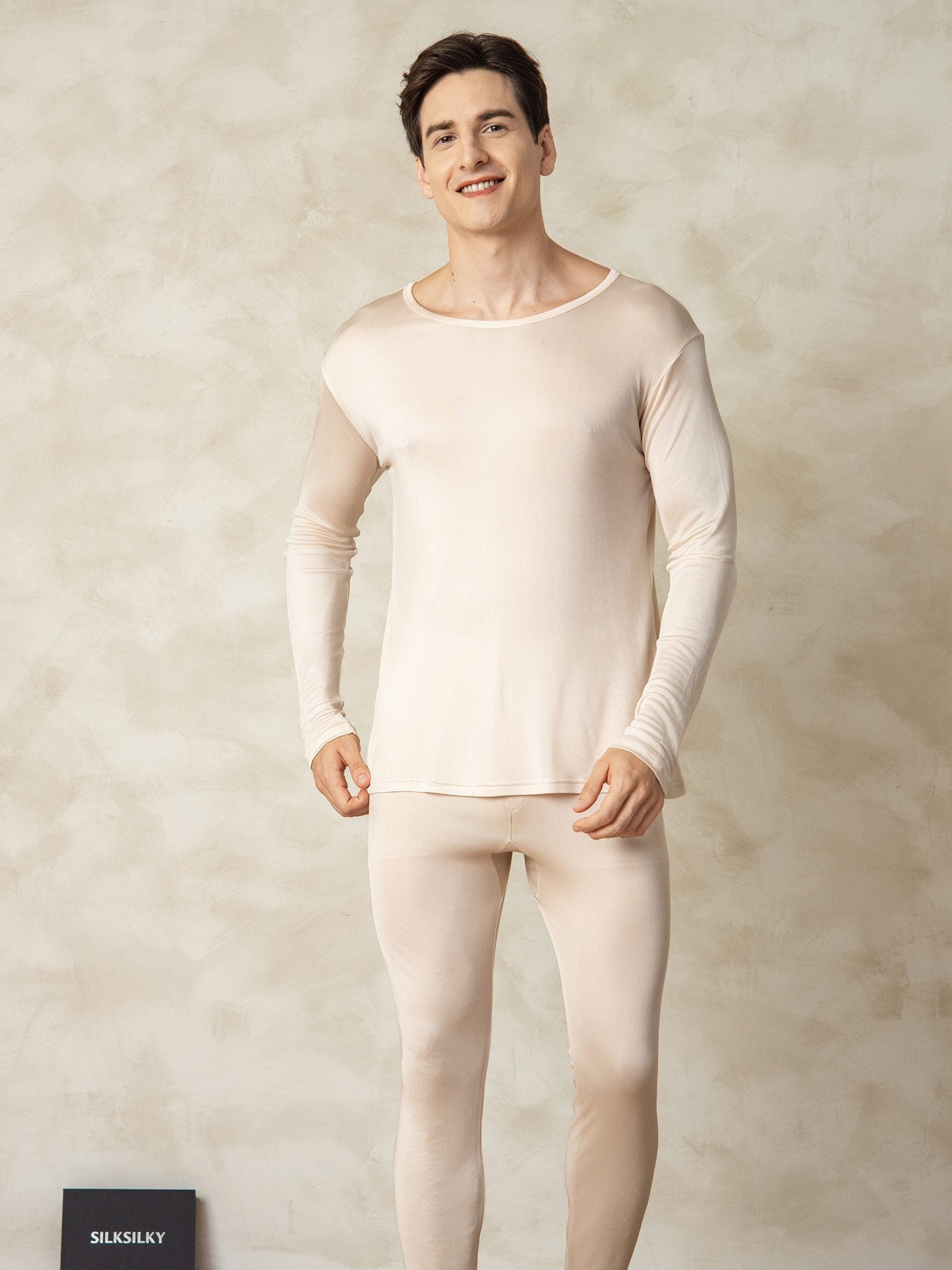 [Tan] SilkSilky Silk Round Neck Men's Pajamas 004