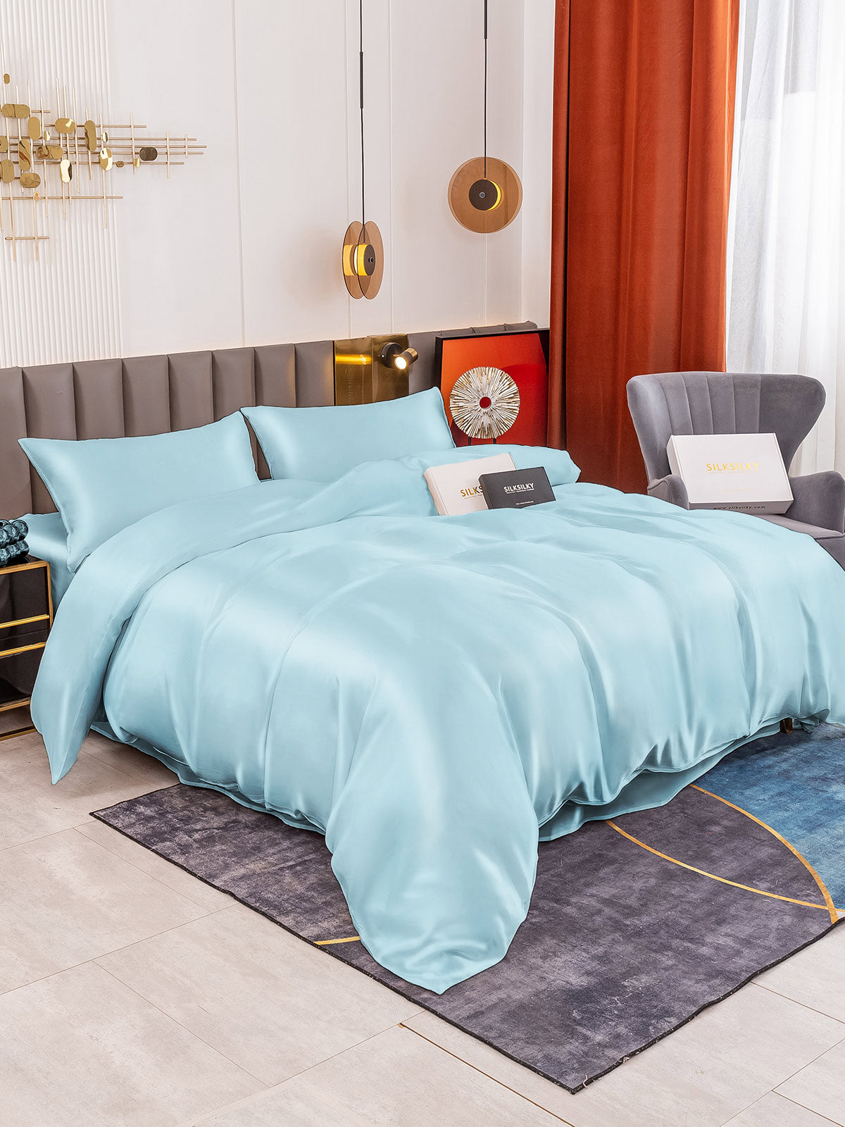 SilkSilky US 19Momme Pure Silk Bedding Set LightBlue 002