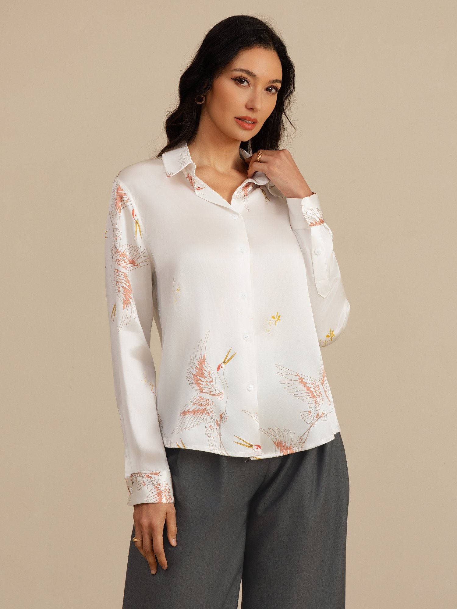 [White] SilkSilky  19Momme Long Sleeve Lapel Collar Women's Shirt 003