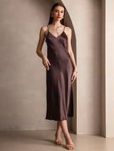 [Coffee] SilkSilky  Pure Silk Spaghetti Strap V Neck Dress 003