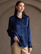 [Dark Blue] SilkSilky  19Momme Stretch Silk Charmeuse Long Sleeve Lapel Collar Women's Shirt 003