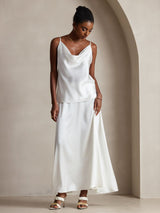 [White] SilkSilky  19Momme Stretch Silk Charmeuse Spaghetti Strap Cowl Neck Camisole Top 008