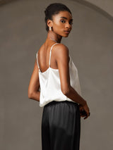 [White] SilkSilky  19Momme Stretch Silk Charmeuse Spaghetti Strap Scoop Neck Camisole Top 004