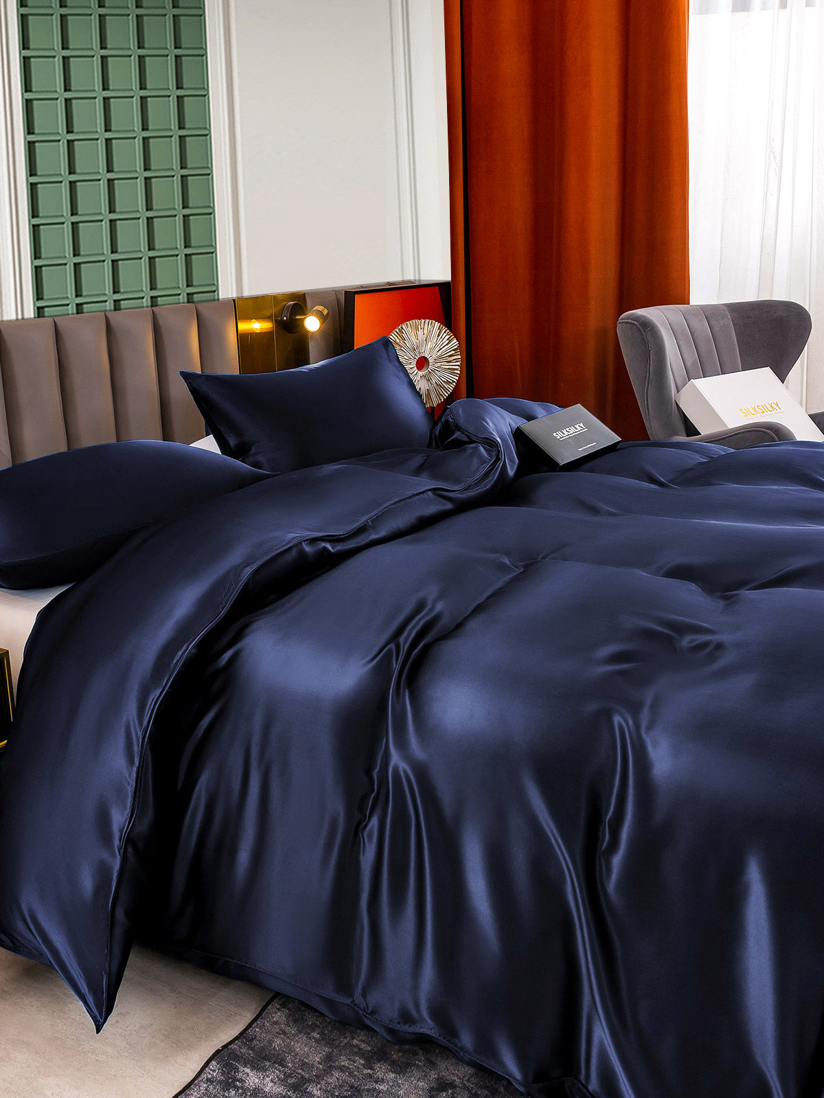 SilkSilky US 25Momme Pure Silk Bedding Set DarkBlue 005