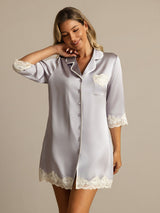[Lavender] SilkSilky  Pure Silk Lapel Collar Nightshirt 003