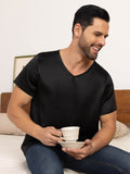 SilkSilky US Pure Silk Short Sleeve V Neck Men's T Shirt Black 004