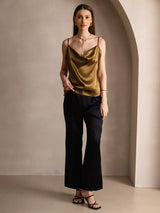 [Brown] SilkSilky  19Momme Stretch Silk Charmeuse Spaghetti Strap Cowl Neck Camisole Top 005