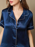 SilkSilky US Pure Silk Short Sleeve Lapel Women's Pajamas DarkBlue 007