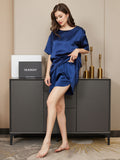 SilkSilky  Pure Silk Short Sleeve Round Neck Women's Pajamas DarkBlue 007