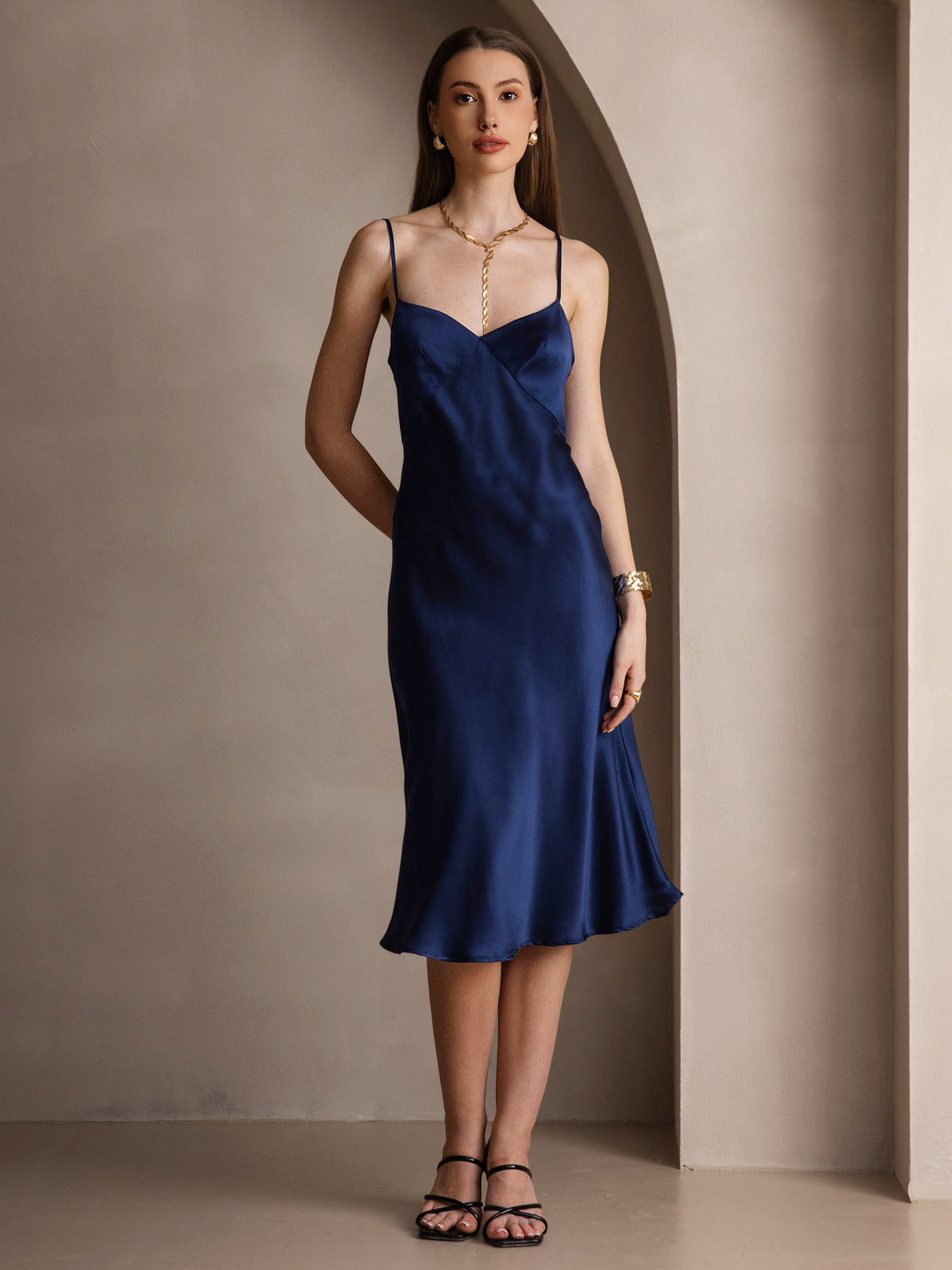 [Dark Blue] SilkSilky  19Momme Pure Silk V Neck Dress 001