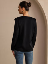 [Black] SilkSilky Long Sleeve Deep V Neck Women's Blouse 002