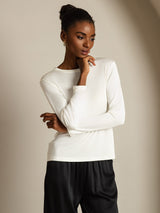 [White] SilkSilky  100% Silk Jersey Long Sleeve Crew Neck Women's T-Shirt 006