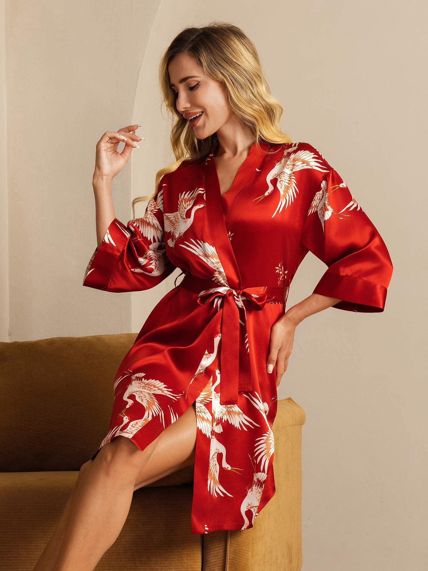 [DarkRed] SilkSilky 19Momme Pure Silk Wrap Women's Robe 001