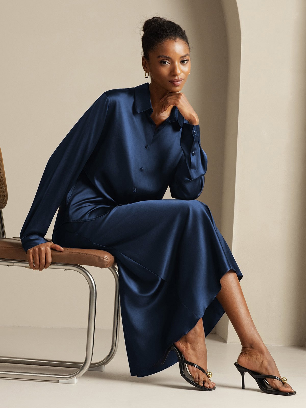 [Dark Blue] SilkSilky  19Momme Silk Lapel Collar Women''s Outfit Sets 008,