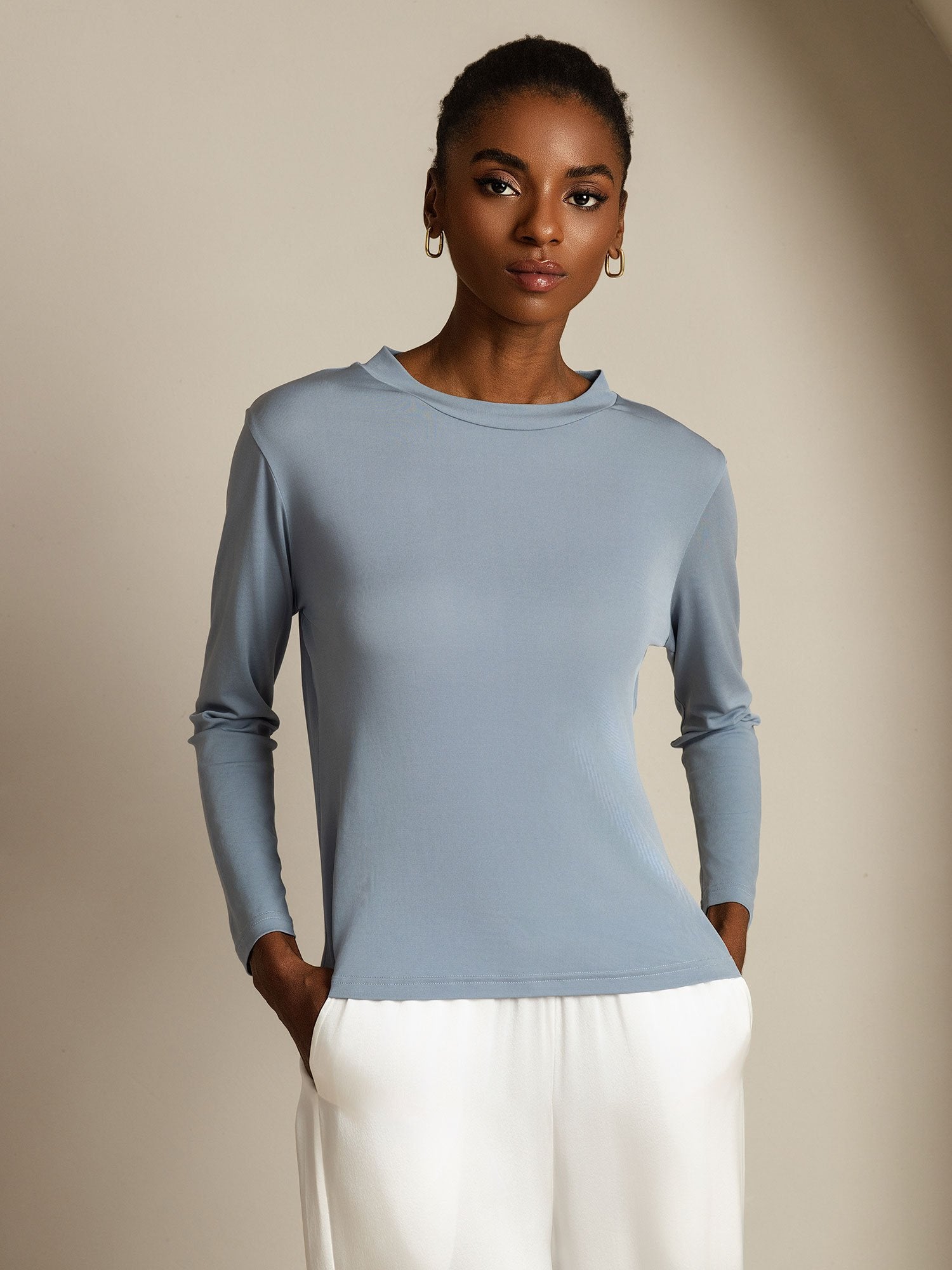 [GrayishBlue] SilkSilky Pure Silk Round Neck Women's T-Shirt 006