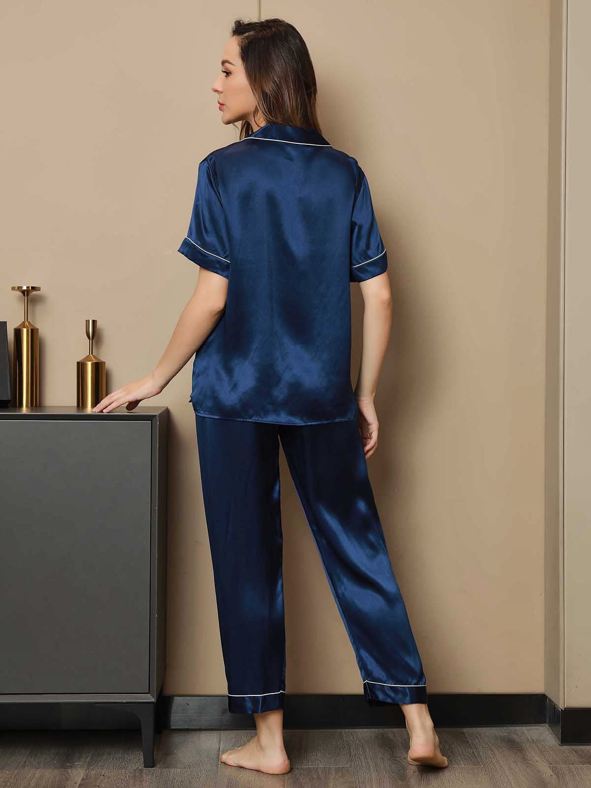 SilkSilky  Pure Silk Short Sleeve Lapel Women's Pajamas DarkBlue 002