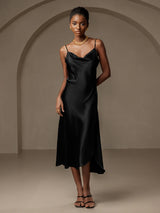 [Black] SilkSilky  Spaghetti Strap Cowl Neck Dress 001