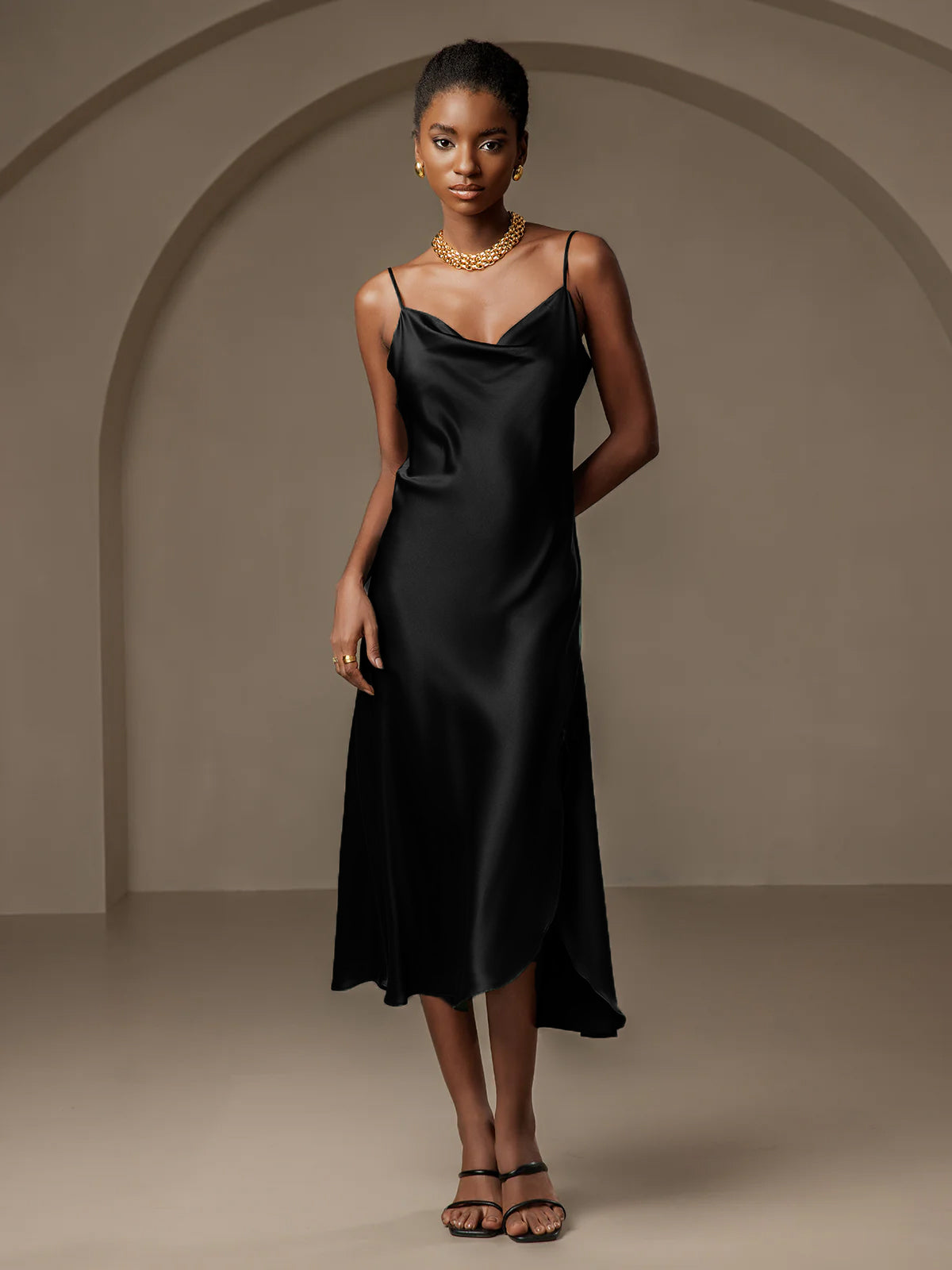 [Black] SilkSilky  19Momme Pure Silk Cowl Neck Dress 001