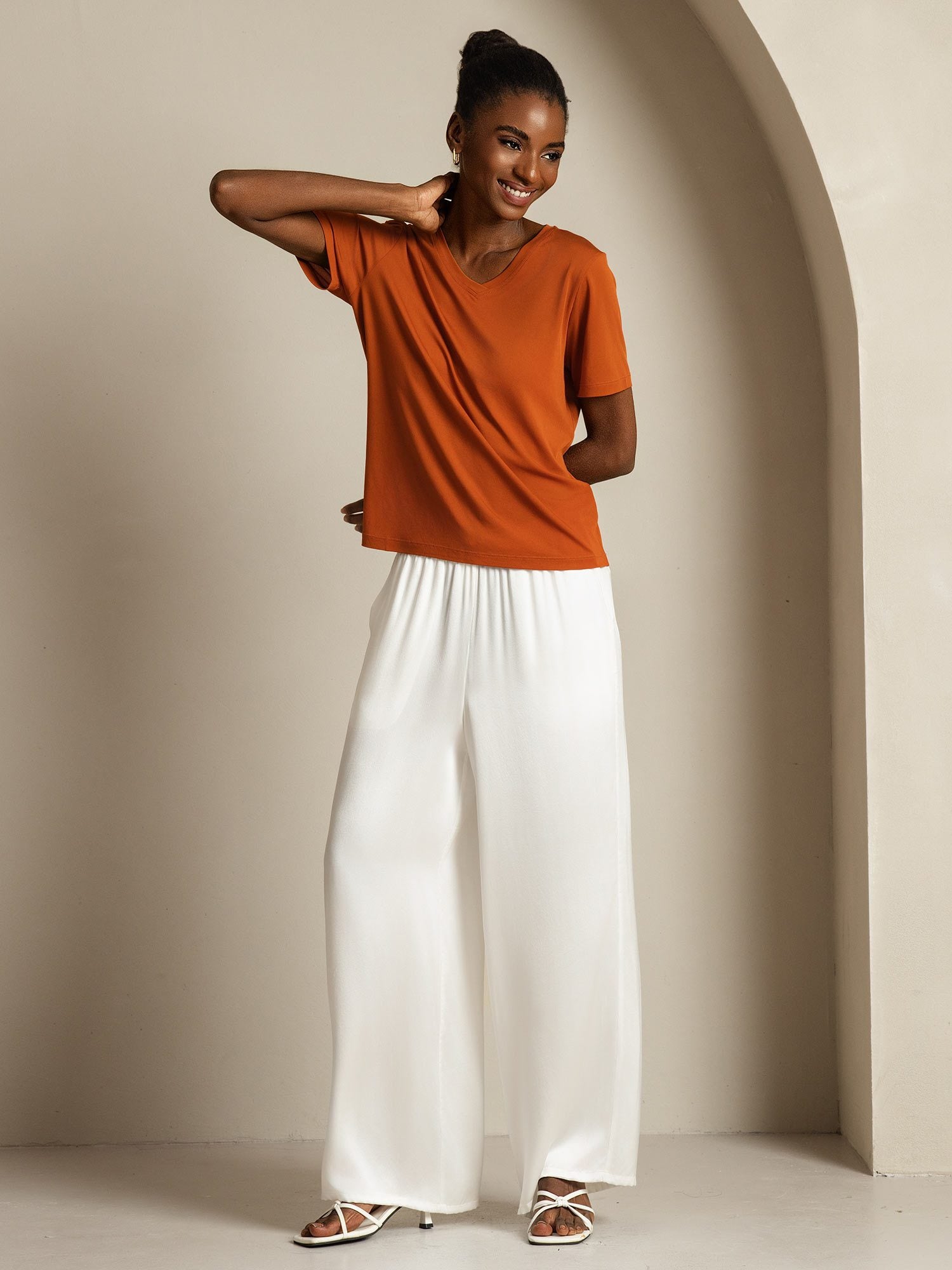 [Orange] SilkSilky Pure Silk V Neck Women's T-Shirt 009