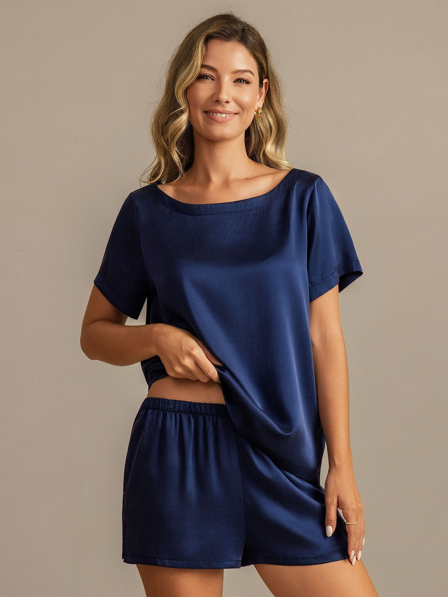 [DarkBlue] SilkSilky 19Momme Silk Round Neck Women's Pajamas 005