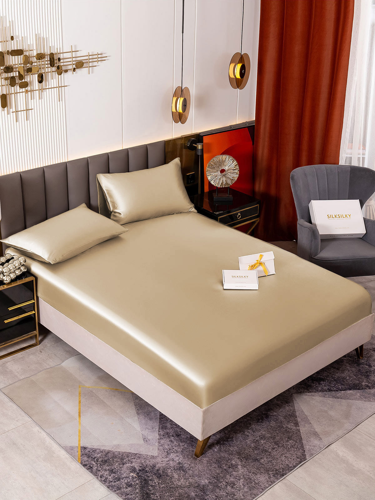 [Beige] SilkSilky 19Momme Pure Silk Bedding Set 001