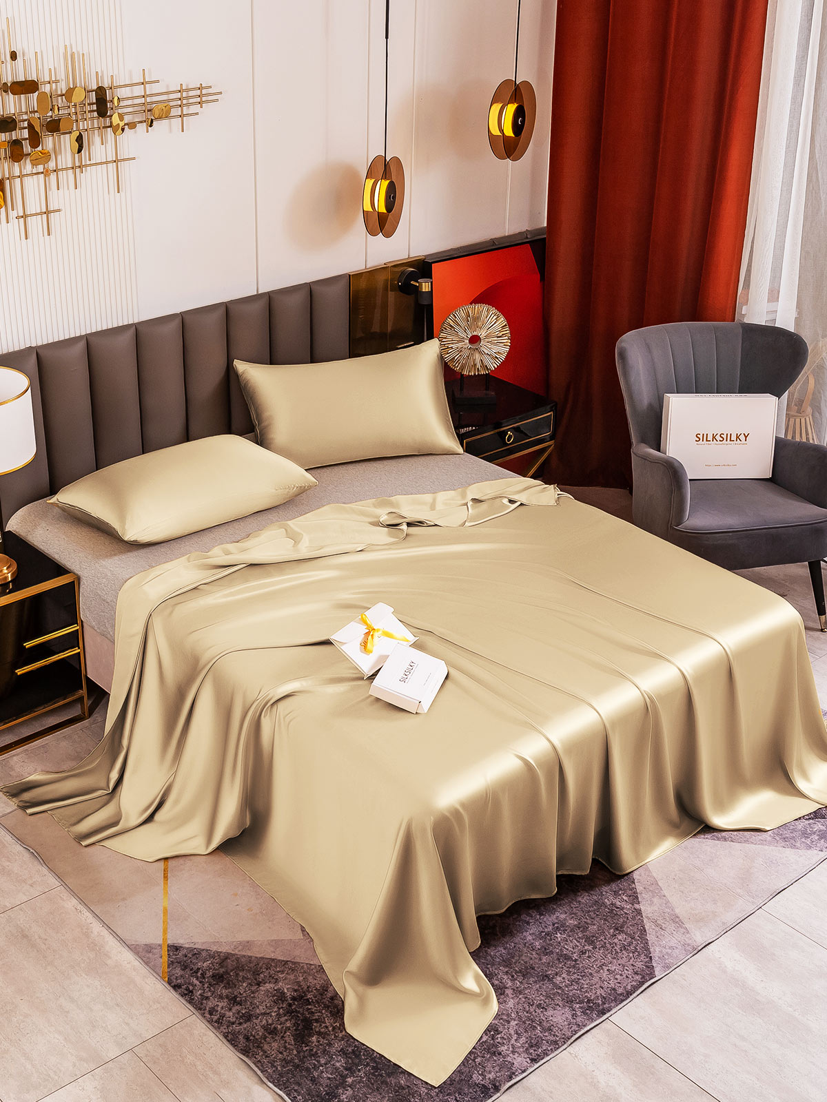 [Beige] SilkSilky 19Momme Pure Silk Bedding Set 001