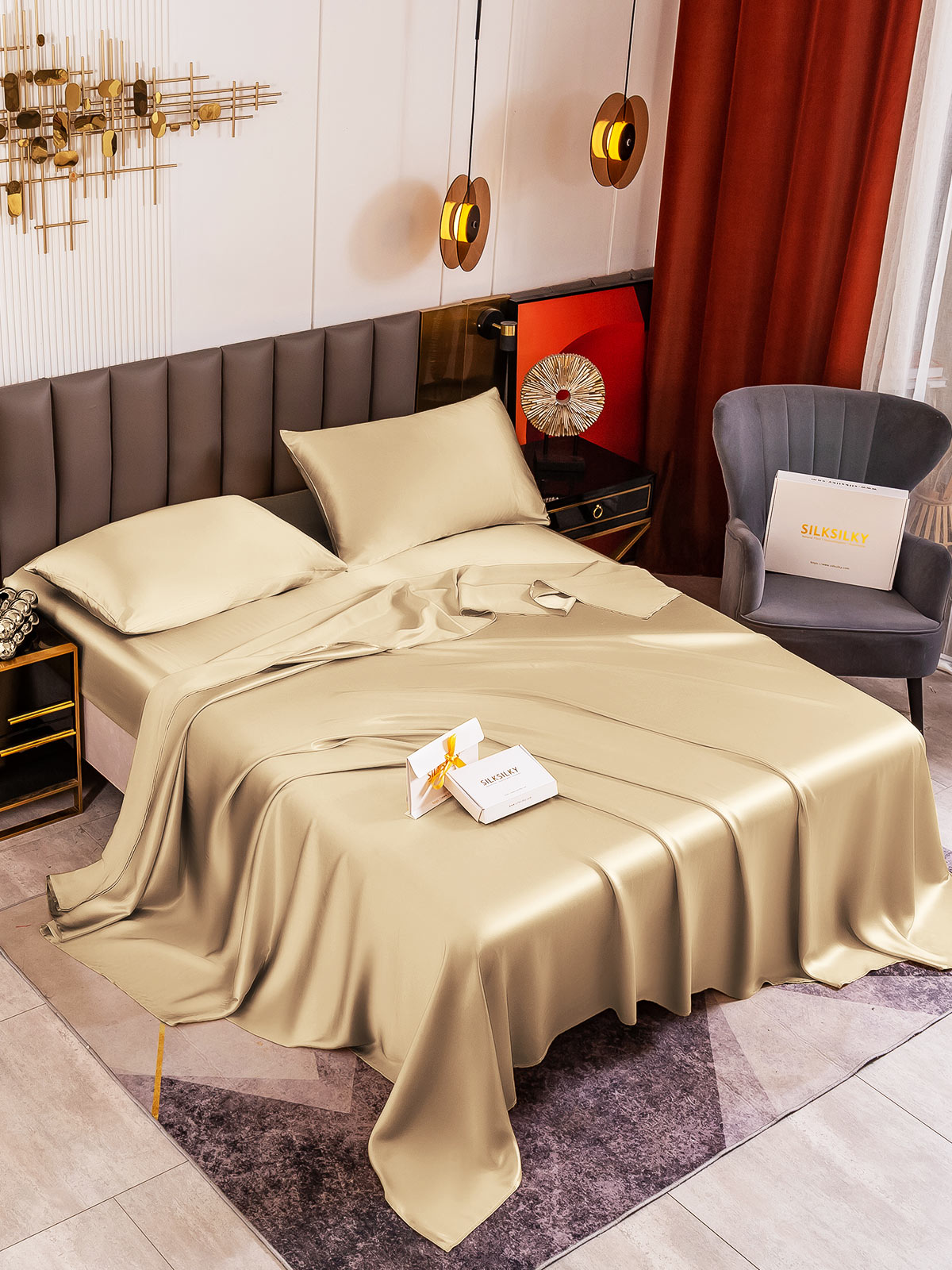 [Beige] SilkSilky 19Momme Pure Silk Bedding Set 001