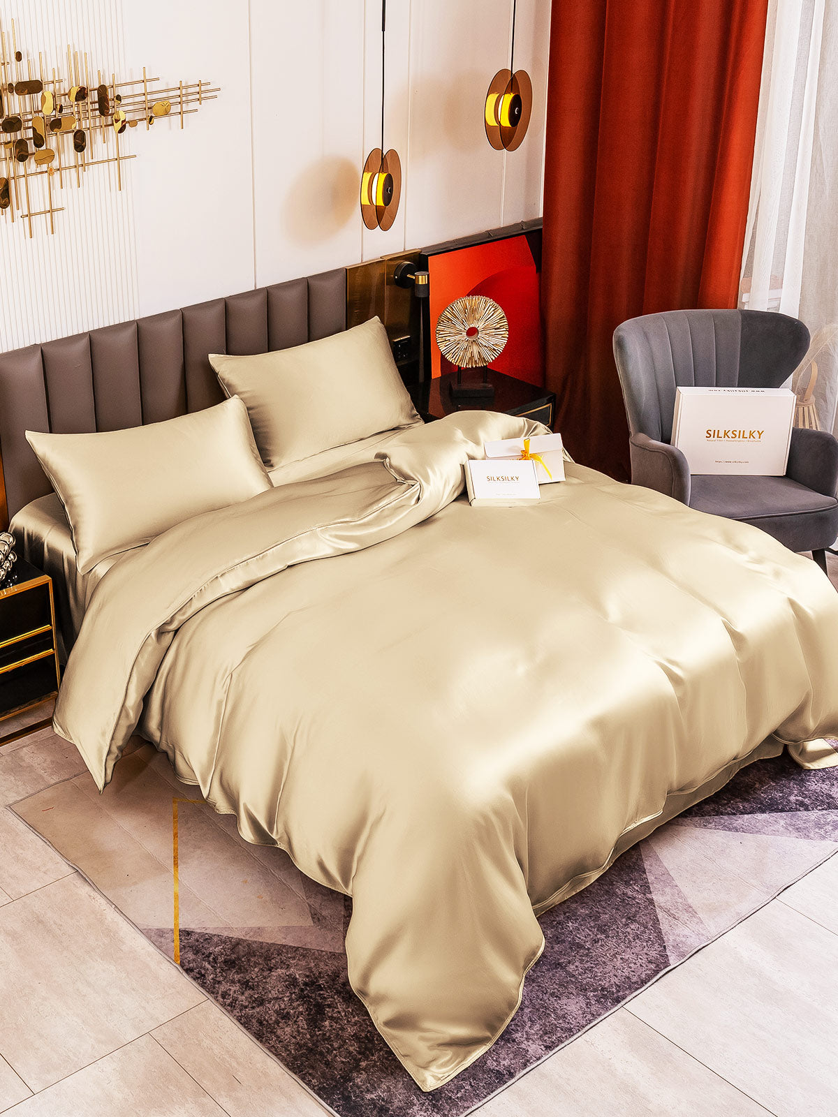 [Beige] SilkSilky 19Momme Pure Silk Bedding Set 001